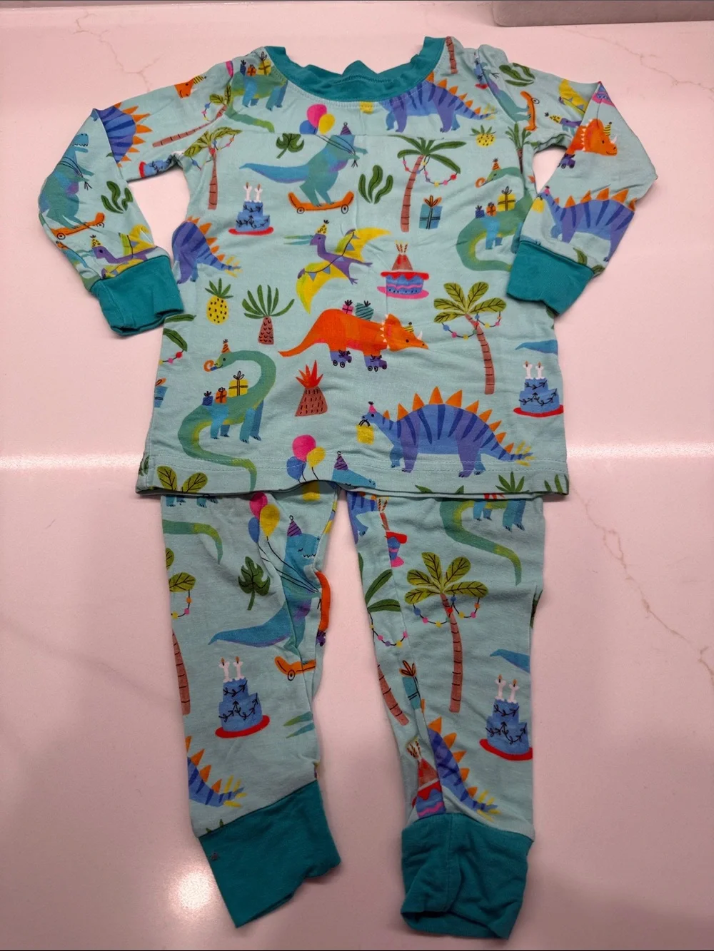 Little Sleepies Birthday Dino Print Pajama Set with Teal Cuffs